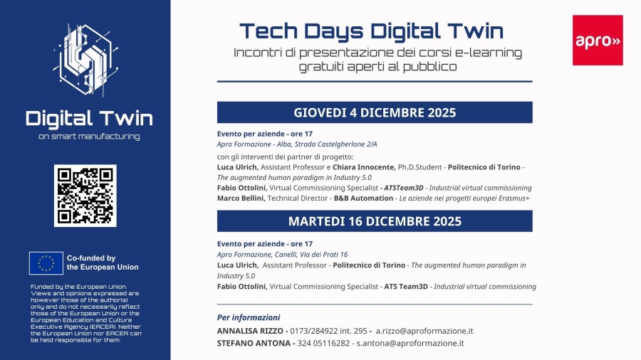 Digital Twin on Smart Manufacturing, vieni a conoscere il progetto sul Gemello Digitale di Apro Formazione